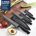 Gourmetop Kitchen Knife Set with Cover 3 Pcs, Black Chef Knife Set for Cooking, Sharp Kitchen Knives with Sheath, 8'' Chef Knife, 5'' Utility, 3.5'' Paring, Damascus Pattern Kitchen Knife for Cutting