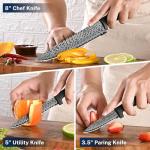 Gourmetop Kitchen Knife Set with Cover 3 Pcs, Black Chef Knife Set for Cooking, Sharp Kitchen Knives with Sheath, 8'' Chef Knife, 5'' Utility, 3.5'' Paring, Damascus Pattern Kitchen Knife for Cutting