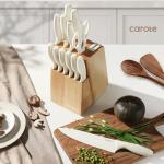 CAROTE 15Piece Knife Set, Kitchen Knife Block Set, Elegant White Ceramic-Coated Blades with Stylish Wooden Block for Modern Culinary Excellence
