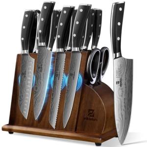 Piklohas Knife Sets for Kitchen with Block, 17 Pieces with Magnetic Knife Holder, German High Carbon Stainless Steel Damascus Pattern Chef Knife Set