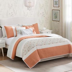 Madison Park Coral Floral Cotton Quilt Set