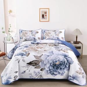 Blue Floral Quilt Set for Queen Size Bed