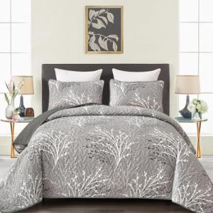 DJY Queen Grey Floral Quilt Set, 3 Pieces