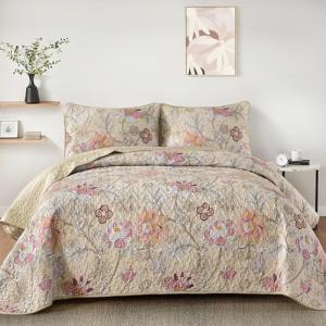 Floral Queen Quilt Set in Khaki, 3 Pieces