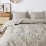 Beige Damask King Quilt Set with Pillow Shams