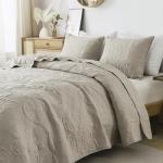 Beige Damask King Quilt Set with Pillow Shams