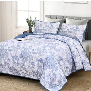 WONGS BEDDING Blue Botanical Quilt Set for Queen