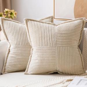 MIULEE Decorative Throw Pillow Covers for Couch Bed Livingroom 18x18 Inch Set of 2 Beige Boho Accent Throw Pllows Broadside Striped Patchwork Soft Corduroy Pillowcases