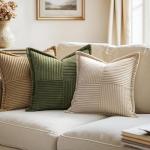 MIULEE Decorative Throw Pillow Covers for Couch Bed Livingroom 18x18 Inch Set of 2 Beige Boho Accent Throw Pllows Broadside Striped Patchwork Soft Corduroy Pillowcases