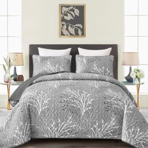 DJY Queen Grey Floral Quilt Set, 3 Pieces