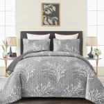 DJY Queen Grey Floral Quilt Set, 3 Pieces