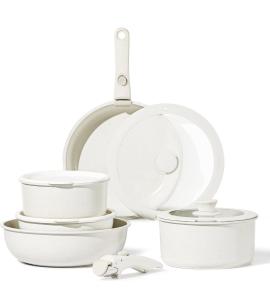 CAROTE 9pcs Pots and Pans Set Non Stick, Cookware Sets, Kitchen Set, Oven/Fridge Safe, Space Saving Pots Set, Nonstick Cooking Set with Versatile Detachable Handle, Induction RV Set, Cream White