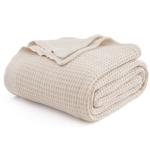 Bedsure 100% Cotton Blanket Queen Size for Bed - Breathable and Soft, Waffle Weave Blanket for Summer Spring, Khaki (a Little Bit Yellow), 90x90 Inches