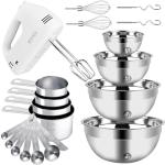 WEPSEN Hand Mixer Electric Mixing Bowls Set, 5 Speeds Handheld Mixer with 4 Nesting Stainless Steel Mixing Bowl, Measuring Cups Spoons 200W Kitchen Blender Whisk Beater Baking Supplies For Beginner