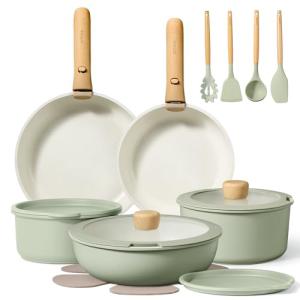 CAROTE Pots and Pans Set, Nonstick Cookware Set Detachable Handle, 15pcs Induction Kitchen Cookware Sets Non Stick with Removable Handle, RV Cookware Set, Oven Safe, Sage Green