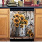 Sunflower Watering Can Vintage Wood Dishwasher Magnet