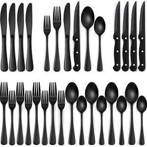 24-Piece Black Flatware Set with Steak Knives