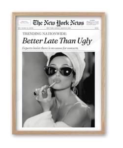 iHery Natural OAK Wood Audrey Hepburn Newspaper Trendy Framed Wall Art, 12x16 in Vintage Headline Canvas Bedroom Wall Decor, Better Late Than Ugly,Set of 1 Bathroom Print Apartment Girly Dorm Room