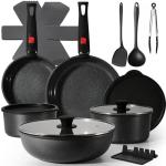 Useluck 20 Pcs Pots and Pans Set Non Stick, Ceramic Cookware Set Detachable Handle, RV Kitchen Cooking Set Removeable Handles, Oven Safe, Induction Ready, Stackable Non-stick, Black