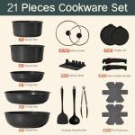 Useluck 20 Pcs Pots and Pans Set Non Stick, Ceramic Cookware Set Detachable Handle, RV Kitchen Cooking Set Removeable Handles, Oven Safe, Induction Ready, Stackable Non-stick, Black