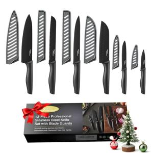 Kitchen Knife Set, KYA38 12-Piece Kitchen Knives Set with Covers, Marco Almond® 6 Knives with 6 Blade Guards, Stainless Steel Cooking Knives Set for Kitchen, Black