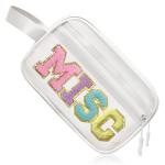 COSHAYSOO Clear MISC Makeup Bag Miscellaneous Stuff Organizer, Small Preppy Chenille Letter Patch Cosmetic Zipper Pouch, Toiletry Make Up Travel Purse Gifts for Teen Girls Women Daughter Sister