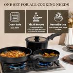 KIKCOIN 20 Pcs Pots and Pans Set Non Stick, Detachable Handle Cookware Sets Nonstick, Non Toxic Induction RV Kitchen Cooking Set with Removable Handles, Dishwasher/Oven Safe, Easy Clean (Black)
