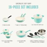 GreenLife Soft Grip 16 Piece Cookware Set, Non-Toxic PFAS-Free Ceramic Nonstick, Pots, Frying, Sauce, Saute, Glass Lids, Stay-Cool Handles, Wobble Free Bases, Dishwasher & Oven Safe, Turquoise