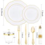 Liacere 350PCS Gold Plastic Plates-Disposable White and Gold Plates 50guest Baroque Plastic Dinnerware include 100Plates, 50Pack Pre Rolled Napkins with Silverware 50Cups for Wedding&Mother's Day