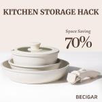 BECIGAR 8pcs Ceramic Pots and Pans Set, Non Stick Cookware Set, Detachable Handle Cookware, Induction Kitchen Cooking Set with Removable Handle,Oven Safe, Induction Fast, Stackable Cookware Set