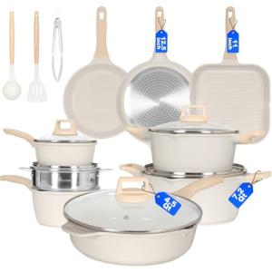 Romswi 23pcs Pots and Pans Set Non Stick, Kitchen Cookware Set with Casserole, Frying & Saucepans, Oven Safe & Stovetop Agnostic (Gas, Electric & Induction) - White