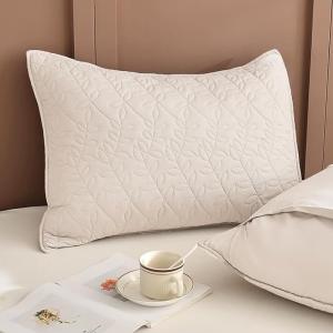 Sanracie Quilted Pillow Shams Standard Size 20"x26", Cotton Wheat Colored Solid Simple Leaves Quilting Standard Pillow Covers Set of 2 Soft Comfortable Pillow Shams Cases