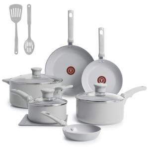 T-Fal Refresh Ceramic Nonstick Cookware Set, 12-Piece, Made without PFOA and PTFE, Oven and Broiler Safe up to 350°F, Includes Stockpot, Griddle, Frying Pans, and Utensils, Pots and Pans, Moon Grey