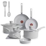 T-Fal Refresh Ceramic Nonstick Cookware Set, 12-Piece, Made without PFOA and PTFE, Oven and Broiler Safe up to 350°F, Includes Stockpot, Griddle, Frying Pans, and Utensils, Pots and Pans, Moon Grey