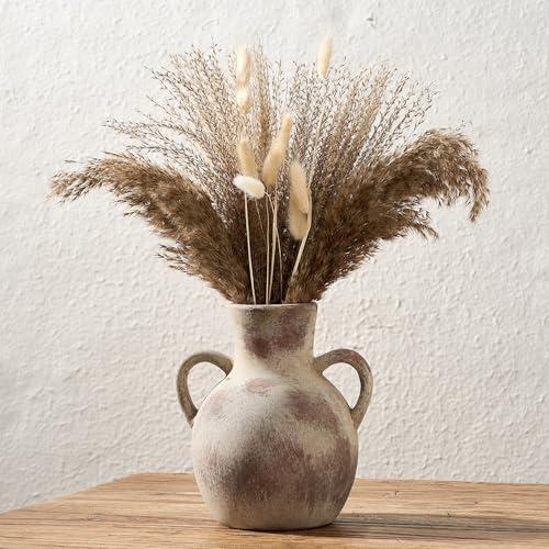 SIDUCAL Rustic Ceramic Farmhouse Flower Vase with 2 Handles, Whitewashed Terra Cotta Vase, Decorative Pottery Flower for Home Decor, Table, Living Room, Shelf Decor, 7.3 Inch, Terra