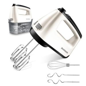 SHARDOR Hand Mixer Electric, 6 Speed & Turbo Mixer Electric Handheld, Snap-On Storage Case,5 Stainless Steel Accessories for Whipping, Mixing Cookies, Brownie, Cakes, Dough Batters, White