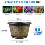 8 Inch Plant Pots, 4 Pack Flower Pot Outdoor with Drainage Holes & Trays, Retro Antique Imitation Decorative Garden Plastic Planters Pots for Plants Indoor Sets for Houseplants