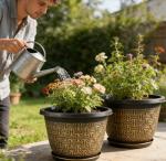 8 Inch Plant Pots, 4 Pack Flower Pot Outdoor with Drainage Holes & Trays, Retro Antique Imitation Decorative Garden Plastic Planters Pots for Plants Indoor Sets for Houseplants