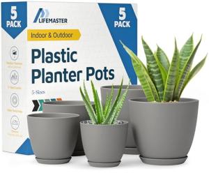 Planter Pots with Drainage Holes - Lightweight, Durable & Space-Saving Pots for Indoor and Outdoor - Versatile Functionality, Simple Modern Design, Set of 5 Plastic Planter Pots - Gray