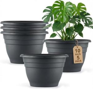 RooTrimmer Plant Pots Set of 5, 10" Outside Diameter Flower Pots, 8.5" Inner Diameter Planters with Drainage Hole, Durable Garden Pots Perfect for Indoor & Outdoor Plant Planting, Decor, Gray