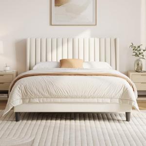 Beige Upholstered Queen Bed Frame with Headboard