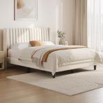 Beige Upholstered Queen Bed Frame with Headboard