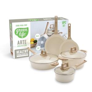 GreenLife 8 Piece Ceramic Nonstick Cookware Set, Induction Suitable Non Toxic PFAS-Free Pots & Pans, Dishwasher Safe, Cooking Set, Stock Pot, Saucepans & Frying Pans, Kitchen Cooking, Granite Cream