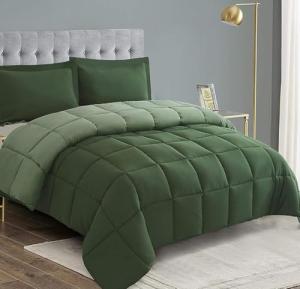 HIG 3pc Green Queen Size Comforter Set - All Season Reversible Down Alternative Comforter with Two Shams - Quilted Duvet Insert with Corner Tabs - Box Stitched Blanket - Breathable, Soft, Fluffy