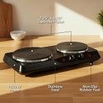 OVENTE Electric Countertop Double Burner, 1700W Cooktop with 7.25" and 6.10" Cast Iron Hot Plates, Temperature Control, Portable Cooking Stove and Easy to Clean Stainless Steel Base, Black BGS102B