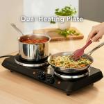 OVENTE Electric Countertop Double Burner, 1700W Cooktop with 7.25" and 6.10" Cast Iron Hot Plates, Temperature Control, Portable Cooking Stove and Easy to Clean Stainless Steel Base, Black BGS102B