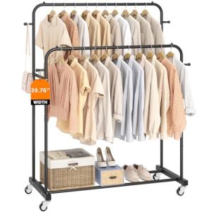 Laiensia Double Rods Garment Rack with Wheels, Clothing Rack for Hanging Clothes,4 Hooks, Multi-functional Bedroom Clothes Rack, Black
