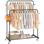 Laiensia Double Rods Garment Rack with Wheels, Clothing Rack for Hanging Clothes,4 Hooks, Multi-functional Bedroom Clothes Rack, Black