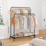 Laiensia Double Rods Garment Rack with Wheels, Clothing Rack for Hanging Clothes,4 Hooks, Multi-functional Bedroom Clothes Rack, Black