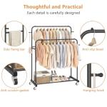 Laiensia Double Rods Garment Rack with Wheels, Clothing Rack for Hanging Clothes,4 Hooks, Multi-functional Bedroom Clothes Rack, Black